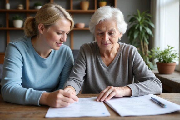Elderly woman with caregiver reviewing documents