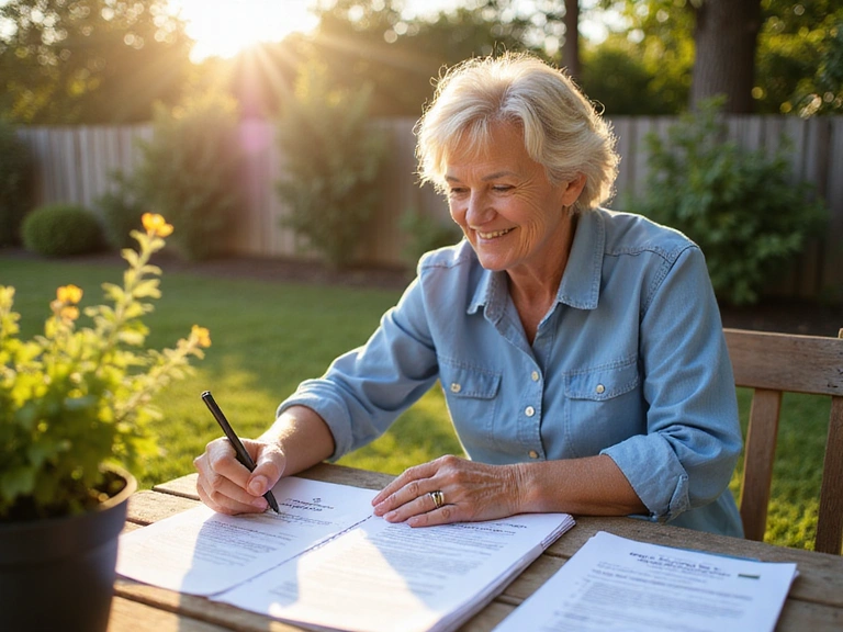 Senior woman gardening with insurance documents nearby