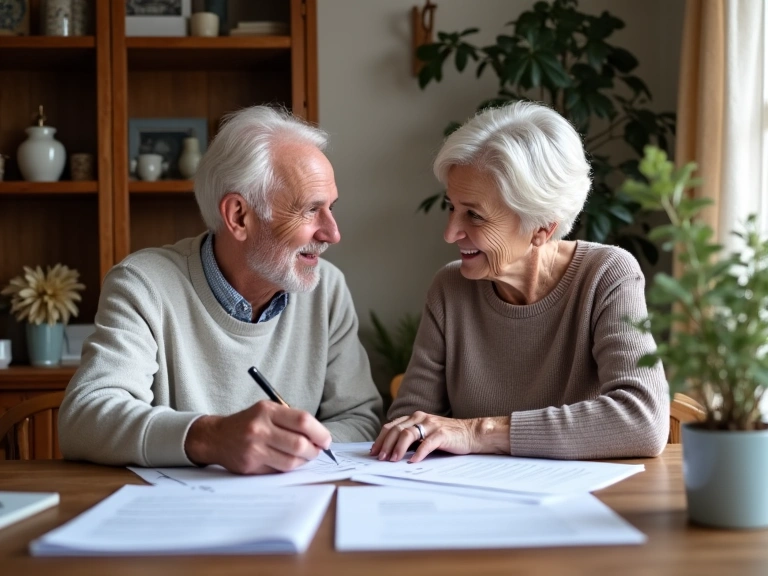 Senior couple reviewing insurance documents