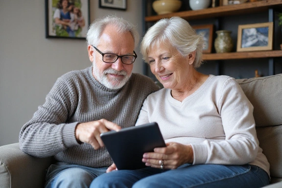 Senior couple looking at insurance options on tablet