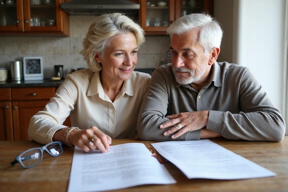 Happy retired couple reviewing insurance documents