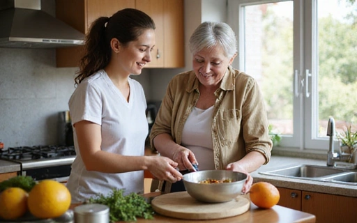 Caregiver assisting senior woman at home