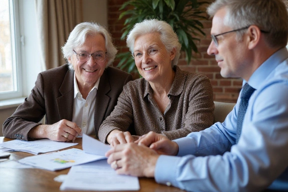 Happy senior couple discussing medical insurance options with agent