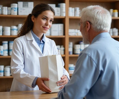 Pharmacist handing prescription to senior man